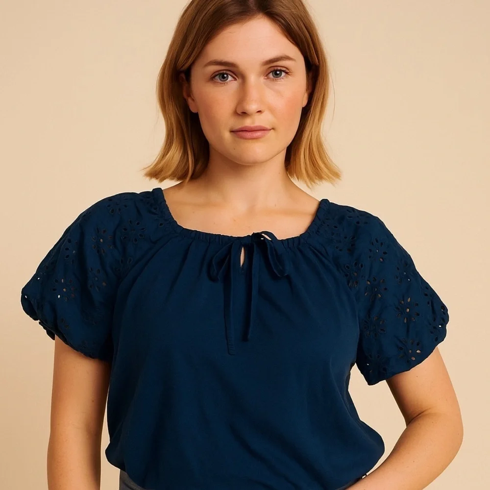 J. Crew Navy Blouse with Puff Sleeves Size M
